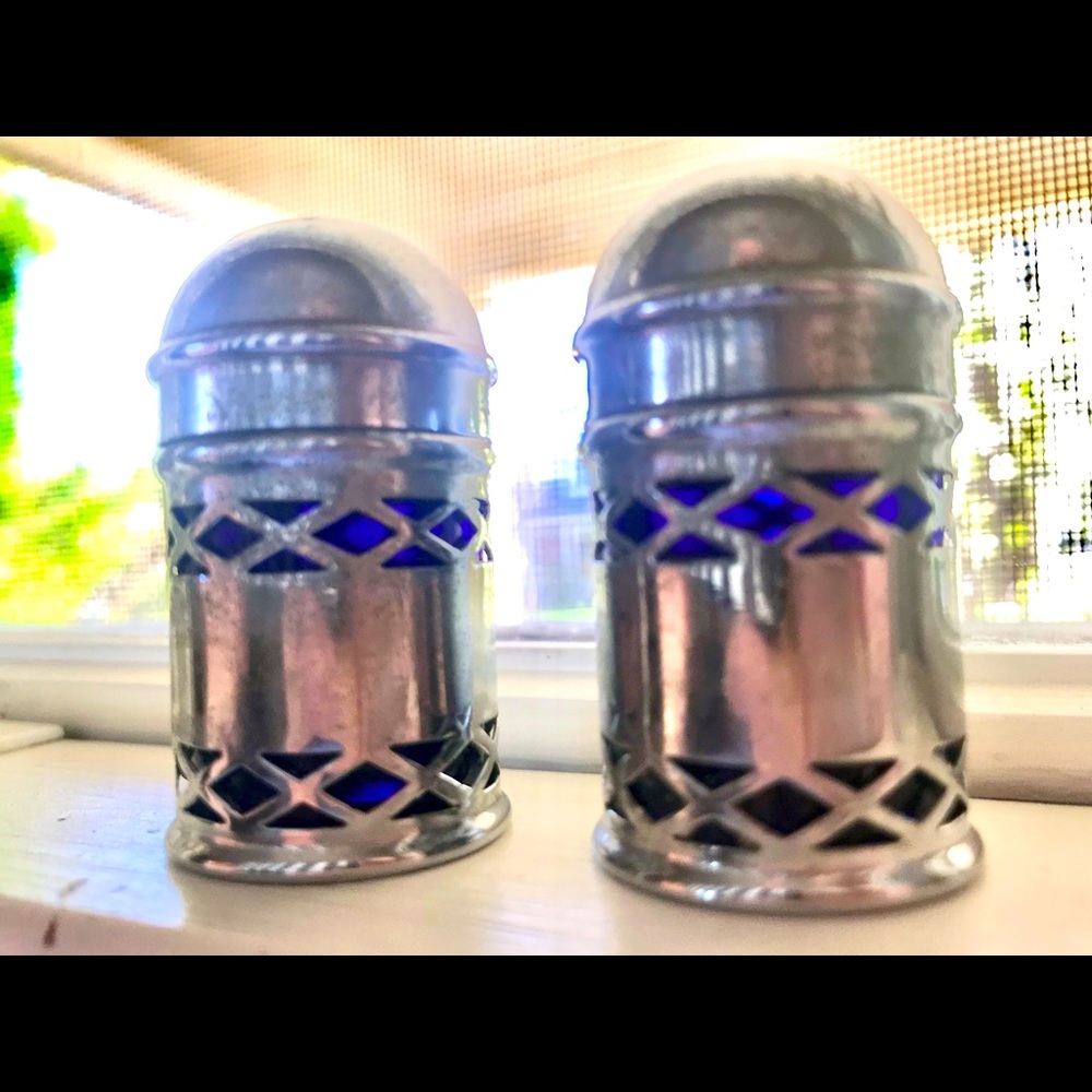 English Silver Pl Salt & Peppers w Cobalt Glass